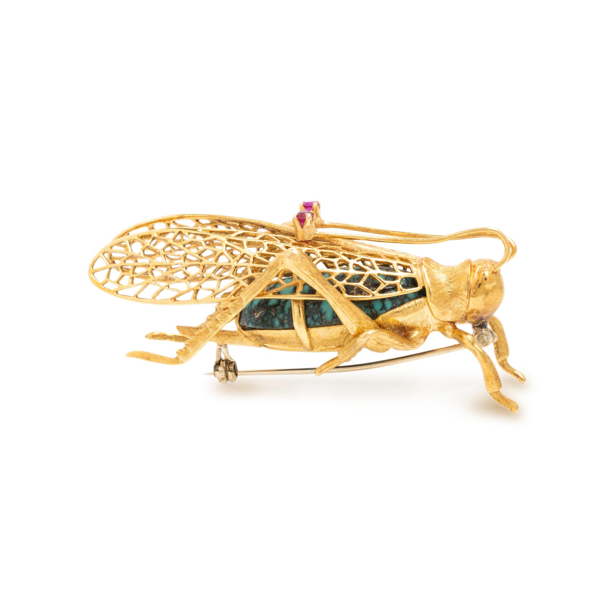 Yellow Gold and Turquoise Grasshopper Brooch