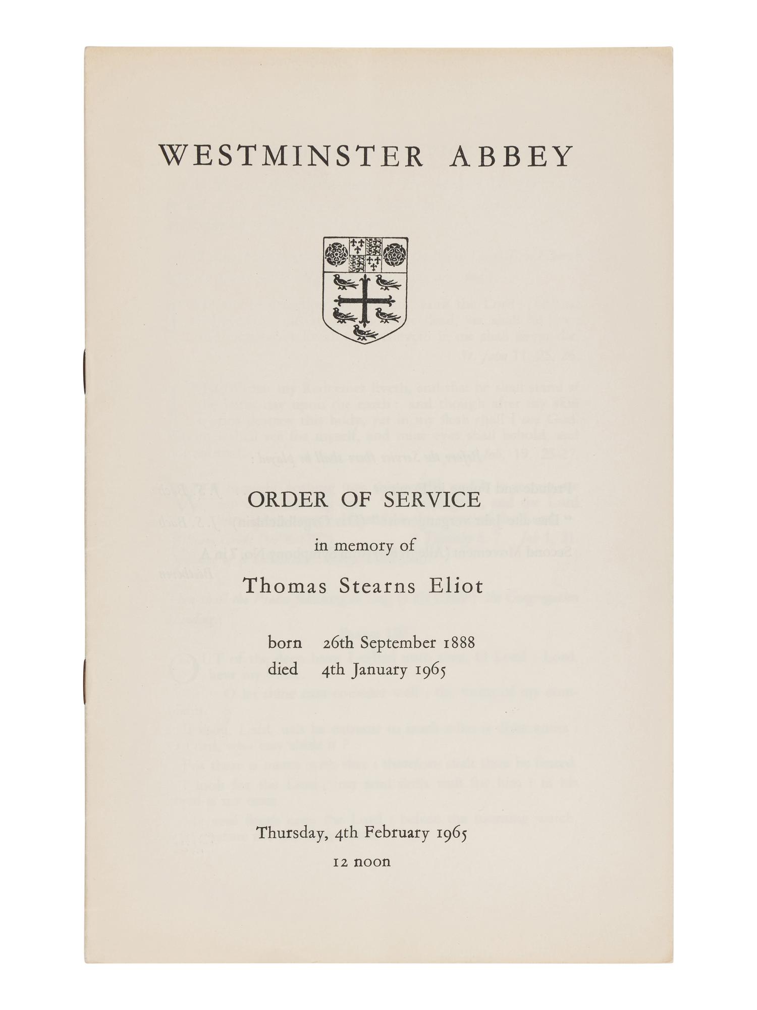 ELIOT, T. S. (1888-1965). "Westminster Abbey Order of Service in Memory of Thomas Stearns Eliot." [London]: The Hove Shirley Press Ltd., ca 4 February 1965.