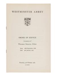ELIOT, T. S. (1888-1965). "Westminster Abbey Order of Service in Memory of Thomas Stearns Eliot." [London]: The Hove Shirley Press Ltd., ca 4 February 1965.