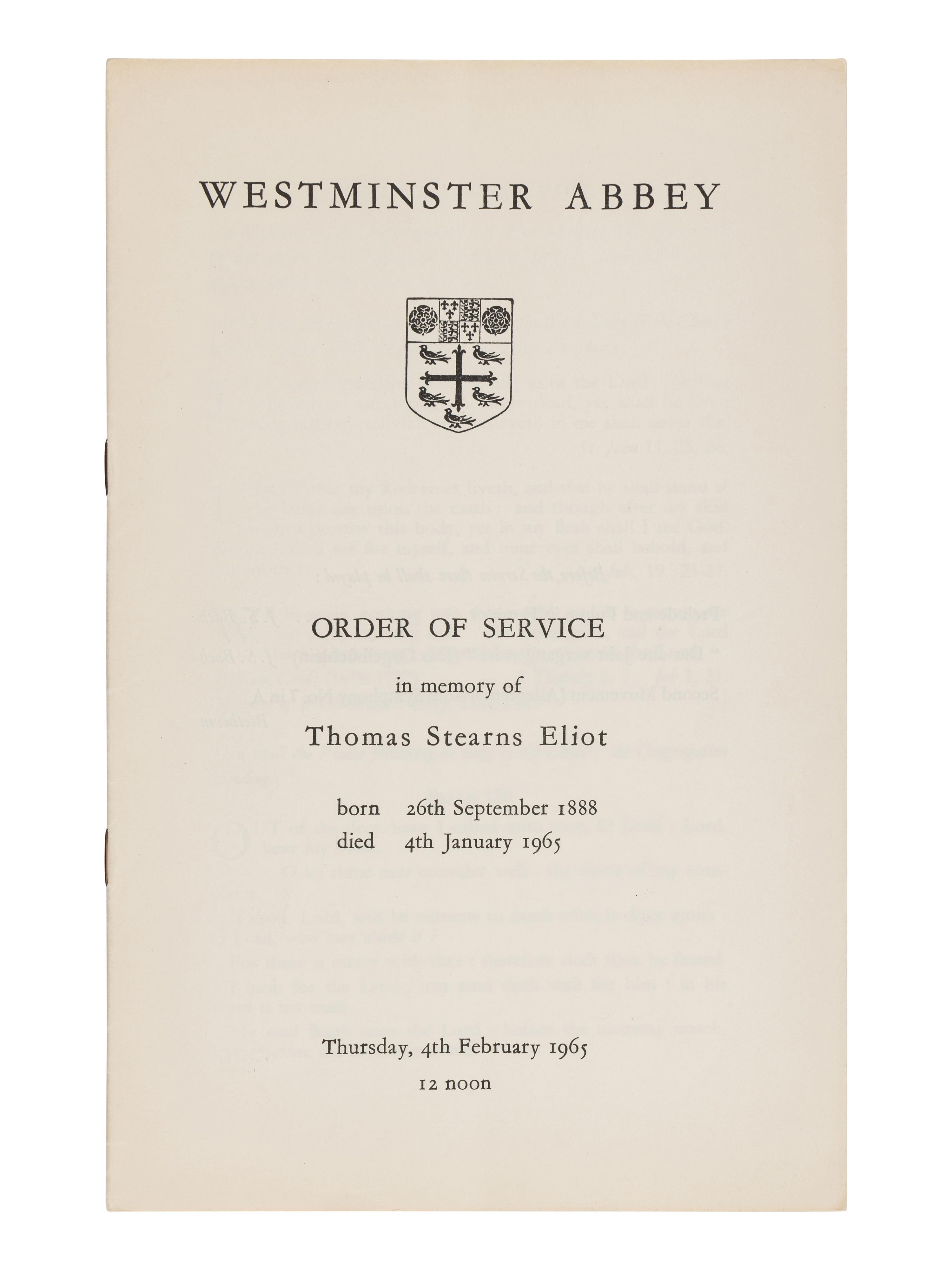 ELIOT, T. S. (1888-1965). "Westminster Abbey Order of Service in Memory of Thomas Stearns Eliot." [London]: The Hove Shirley Press Ltd., ca 4 February 1965.