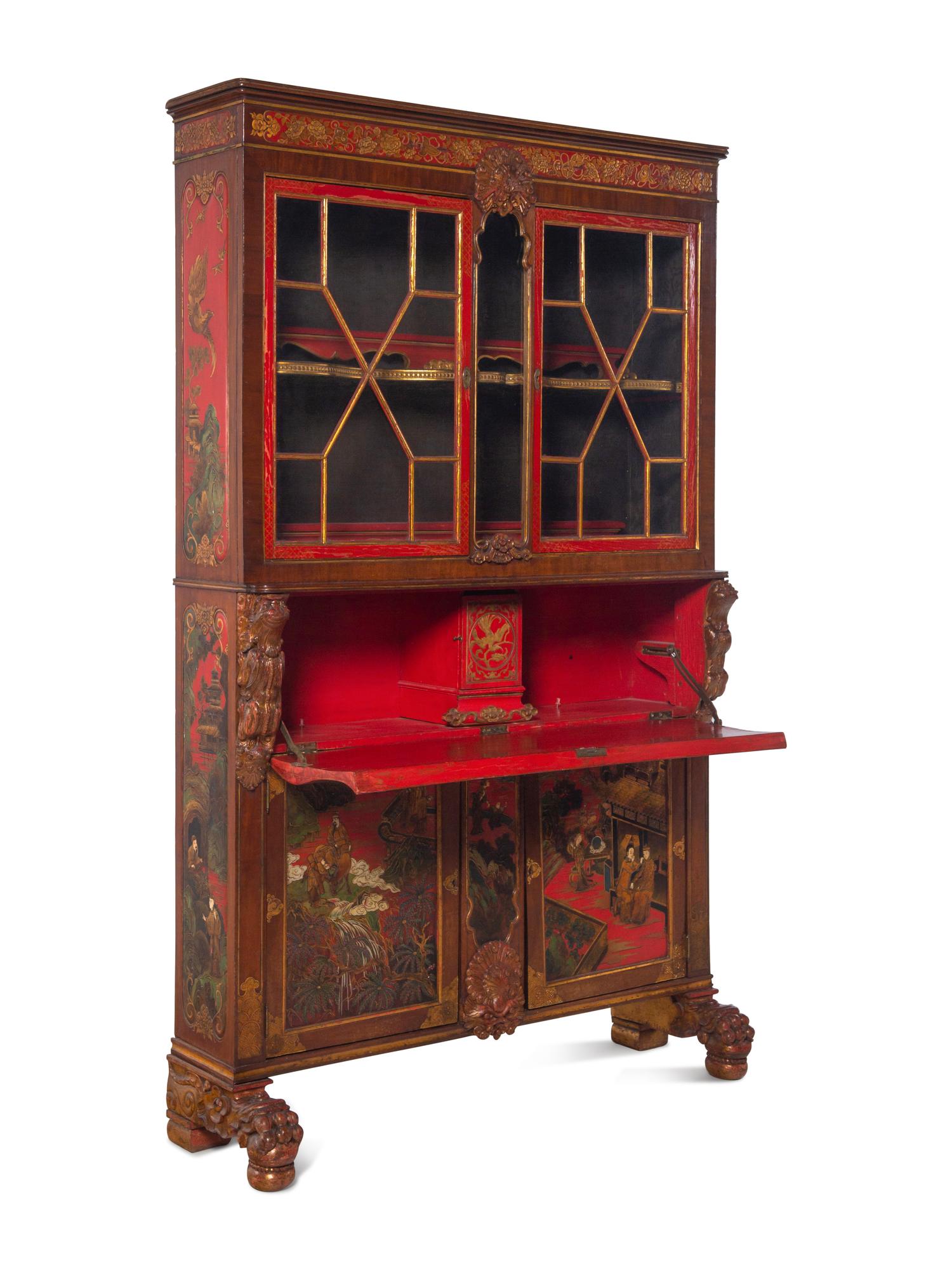 A Georgian Style Red Lacquered and Chinoiserie Decorated Secretary Bookcase