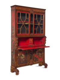 A Georgian Style Red Lacquered and Chinoiserie Decorated Secretary Bookcase