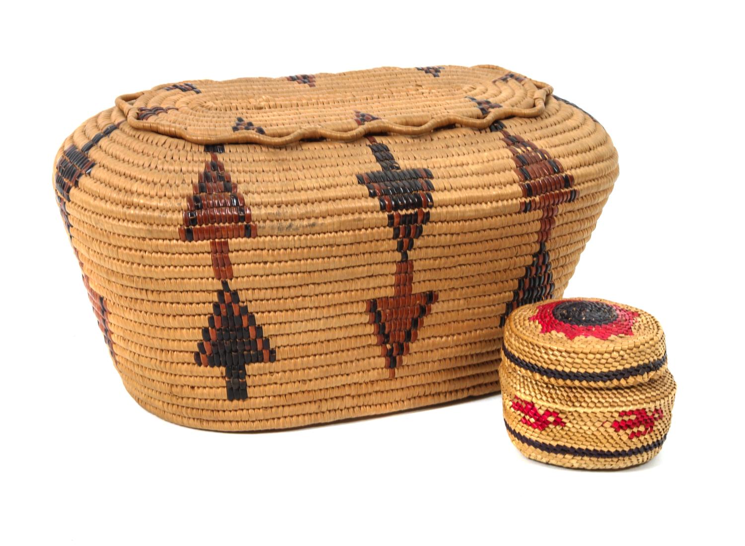 A Thompson River Lidded Basket Height of the first 4 x width 10 inches.