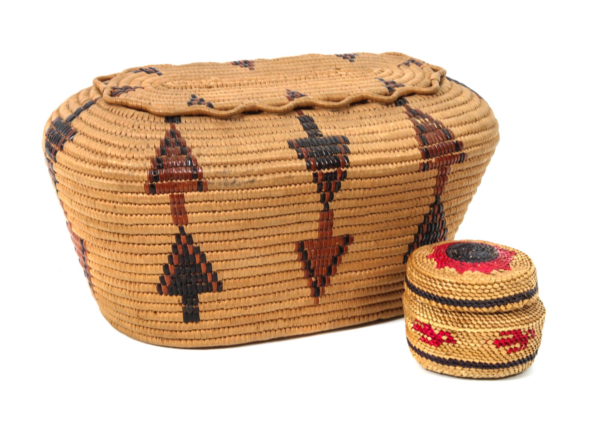 A Thompson River Lidded Basket Height of the first 4 x width 10 inches.