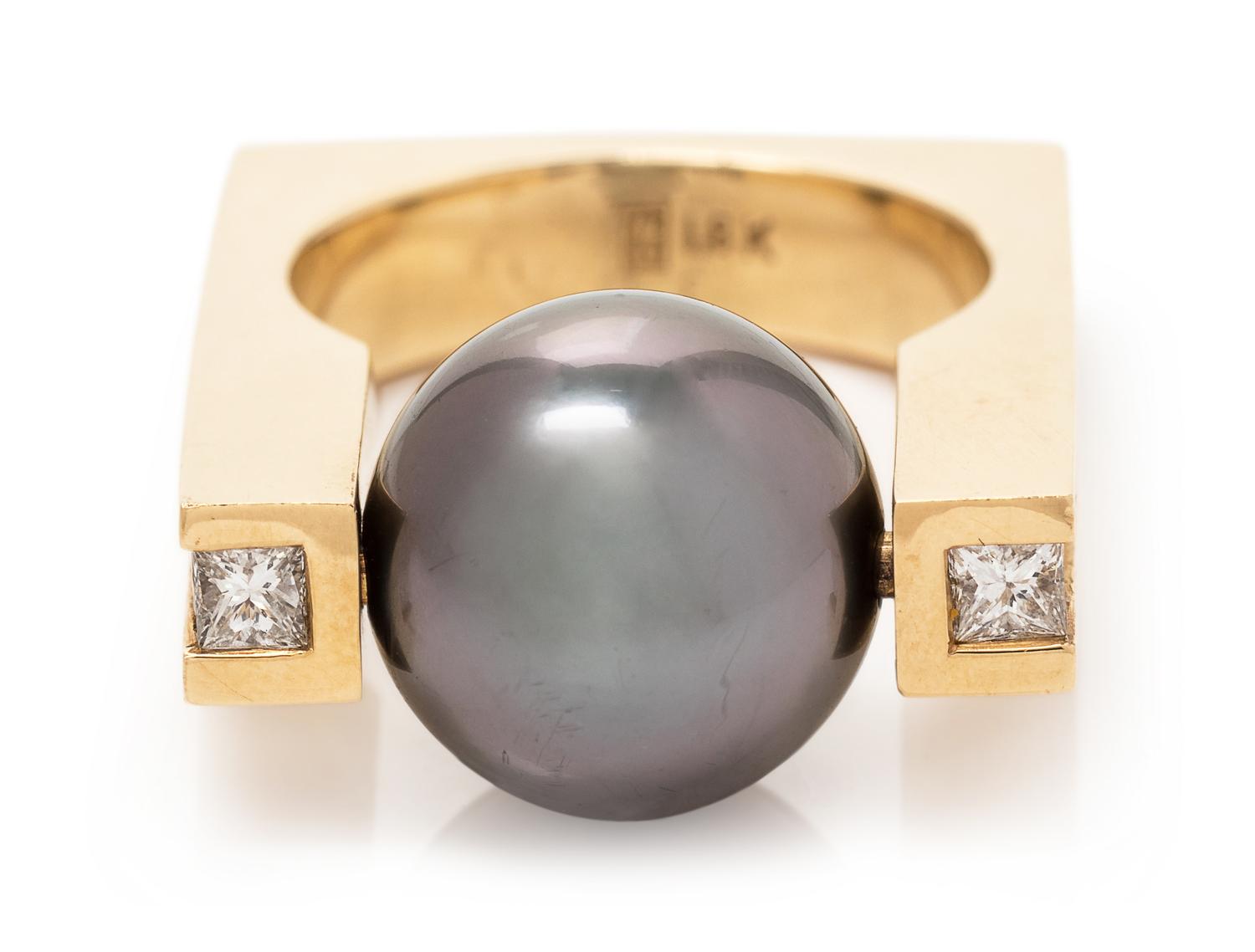 An 18 Karat Yellow Gold, Cultured Tahitian Pearl and Diamond Ring,