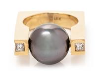 An 18 Karat Yellow Gold, Cultured Tahitian Pearl and Diamond Ring,