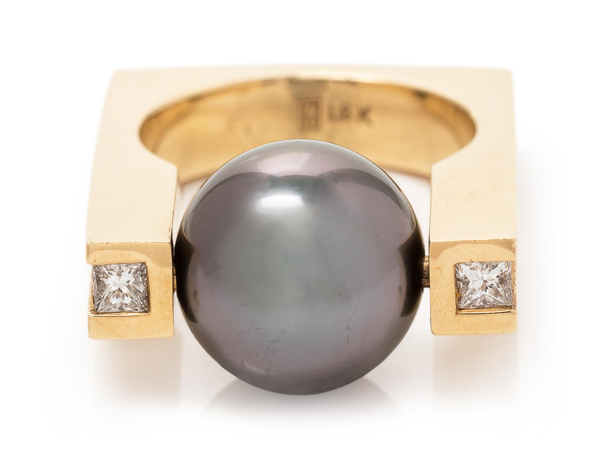 An 18 Karat Yellow Gold, Cultured Tahitian Pearl and Diamond Ring,