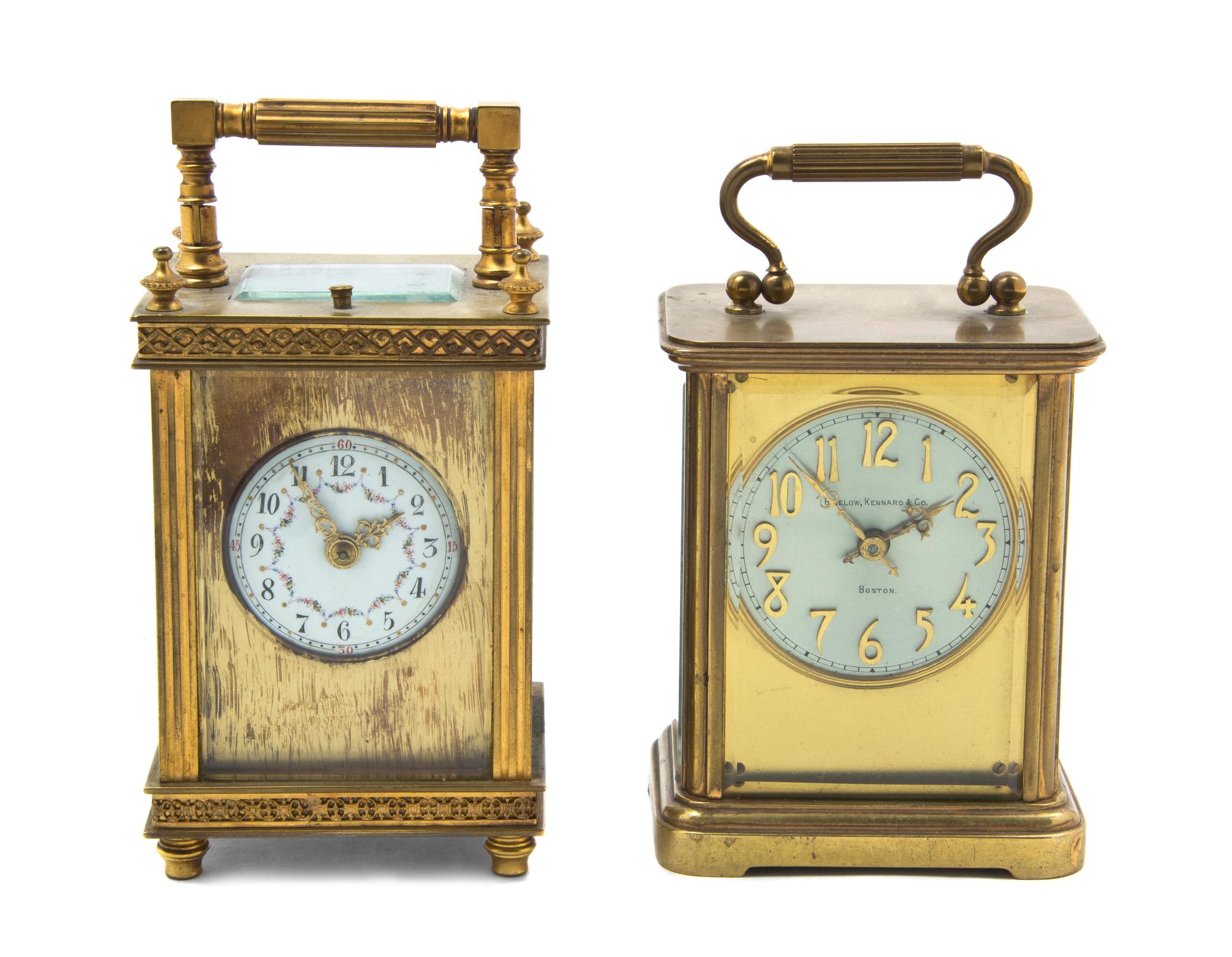Two Brass Carriage Clocks, Height of taller over handle 6 inches.