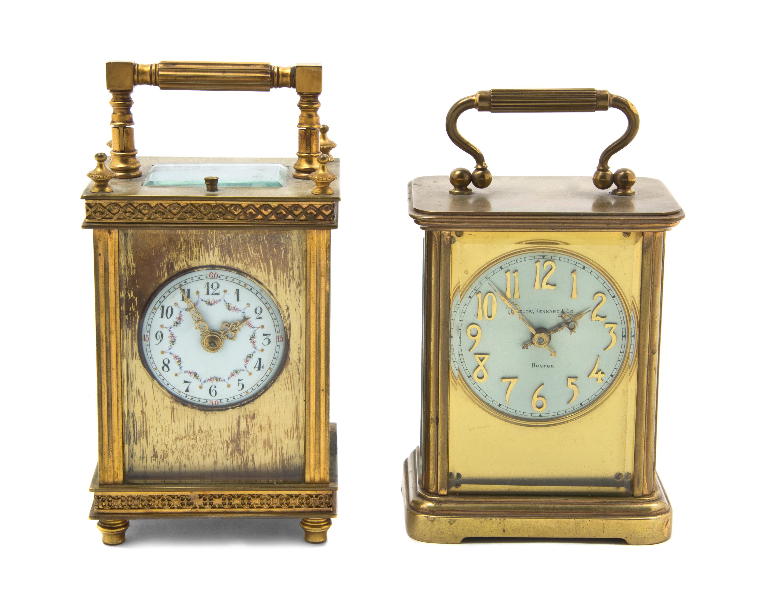 Two Brass Carriage Clocks, Height of taller over handle 6 inches.