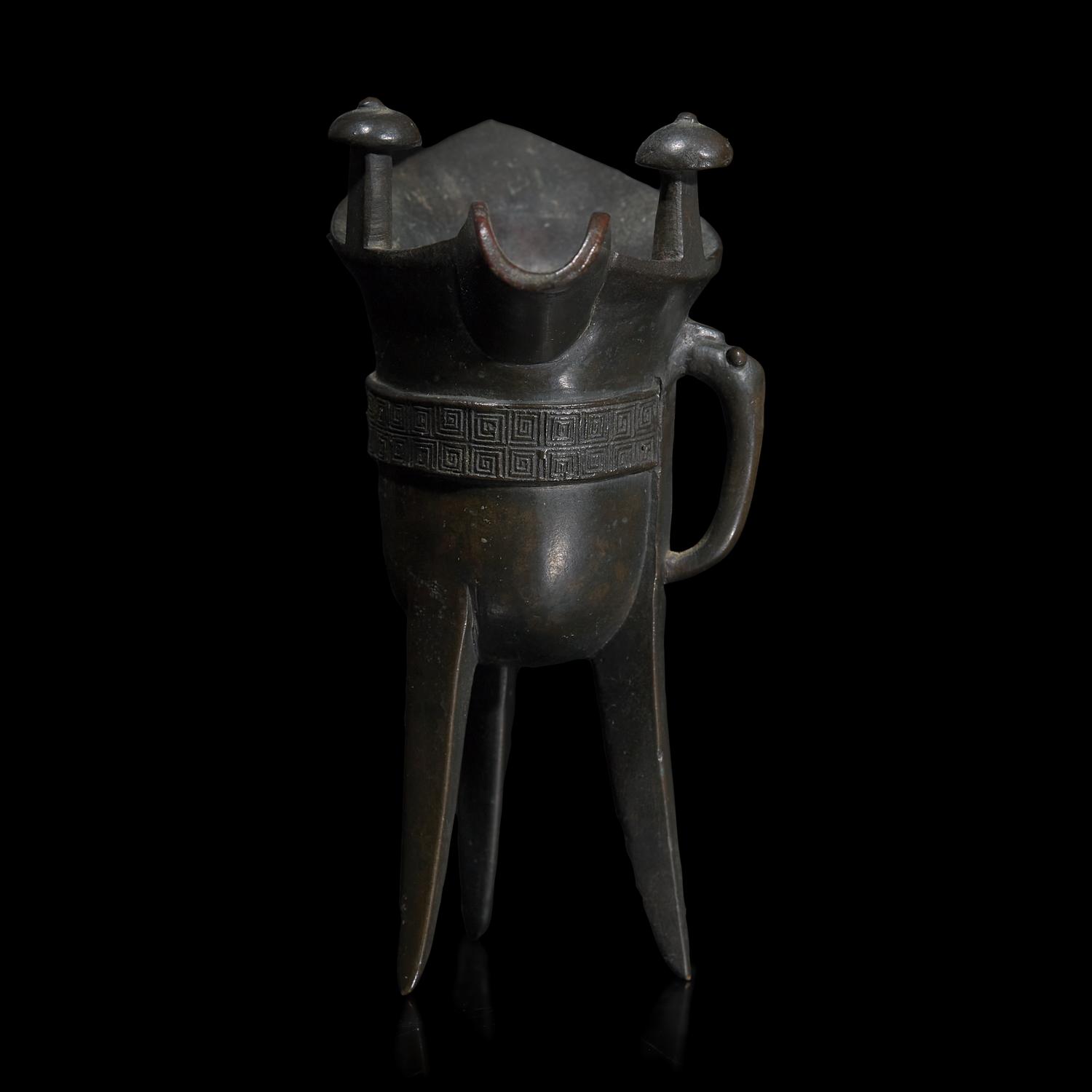 A Chinese Archaistic Patinated Bronze Jue Wine Cup, Late Ming to Qing Dynasty 明末清初 銅加漆爵杯