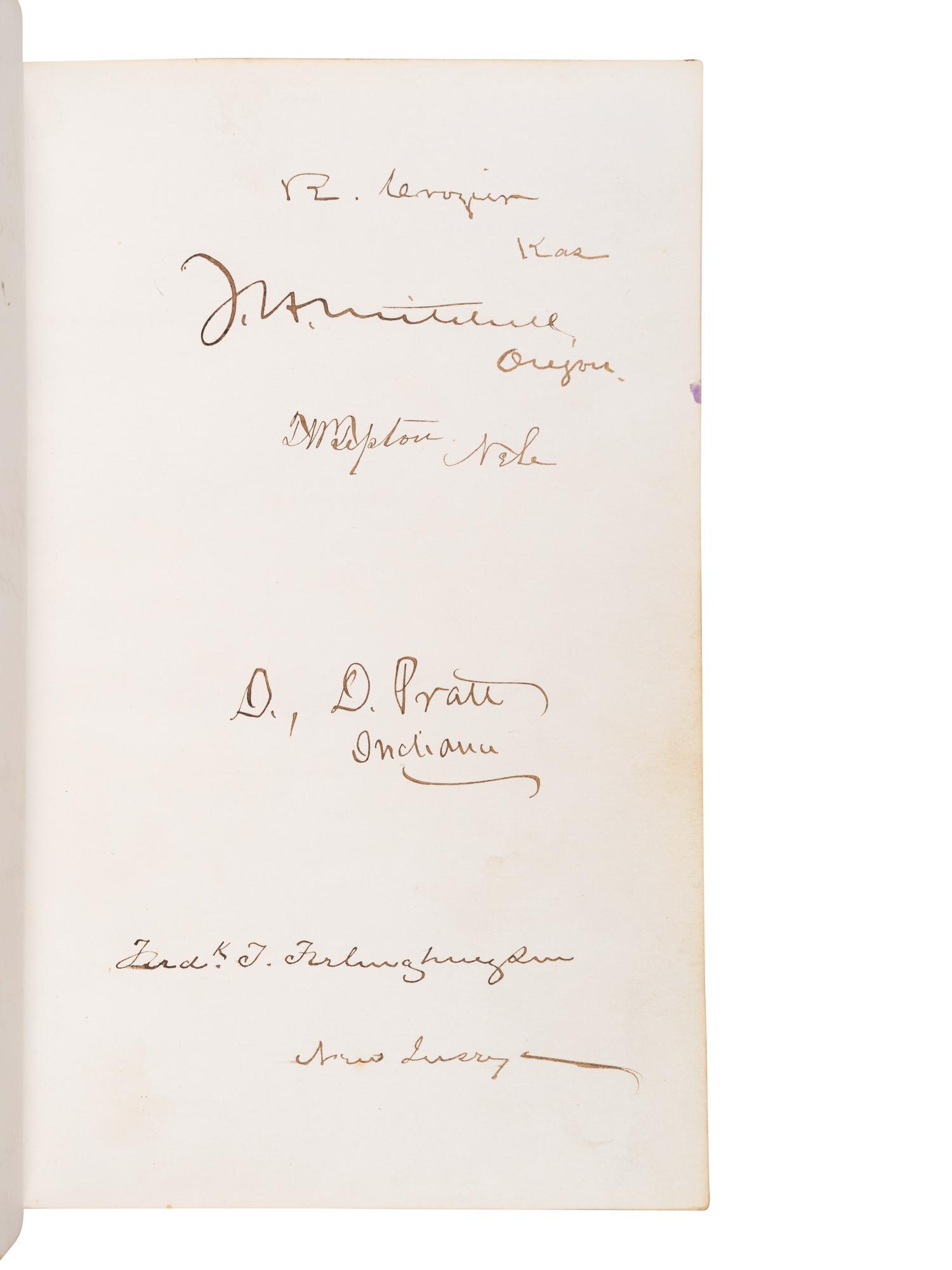 [GRANT, Ulysses S. (1822-1885), and others—AUTOGRAPH ALBUM]. An autograph album, c.1870s, assembling more than 350 signatures and inscriptions by President Ulysses S. Grant, members of his Cabinet (c.1873-74), Supreme Court Justices, Congressman, Senators, and various other prominent American political leaders and statesmen.