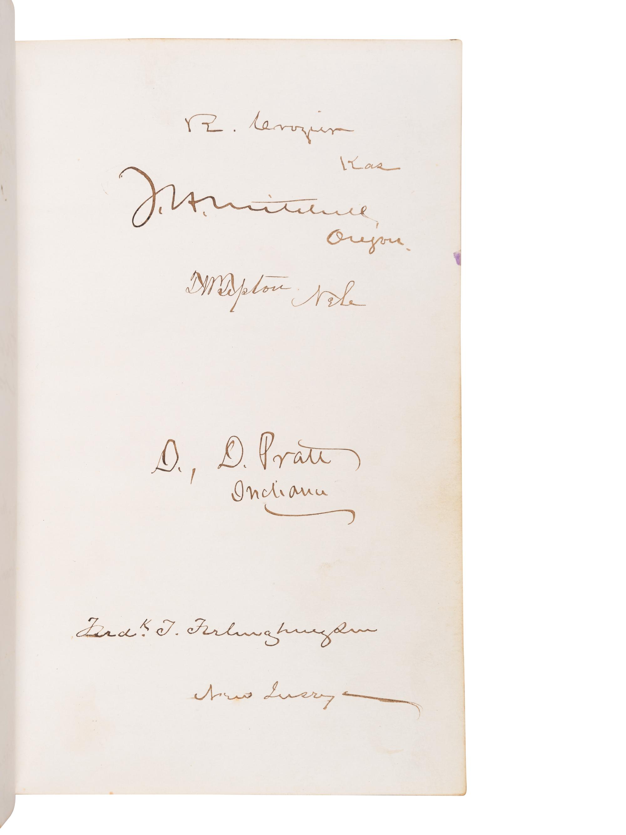 [GRANT, Ulysses S. (1822-1885), and others—AUTOGRAPH ALBUM]. An autograph album, c.1870s, assembling more than 350 signatures and inscriptions by President Ulysses S. Grant, members of his Cabinet (c.1873-74), Supreme Court Justices, Congressman, Senators, and various other prominent American political leaders and statesmen.