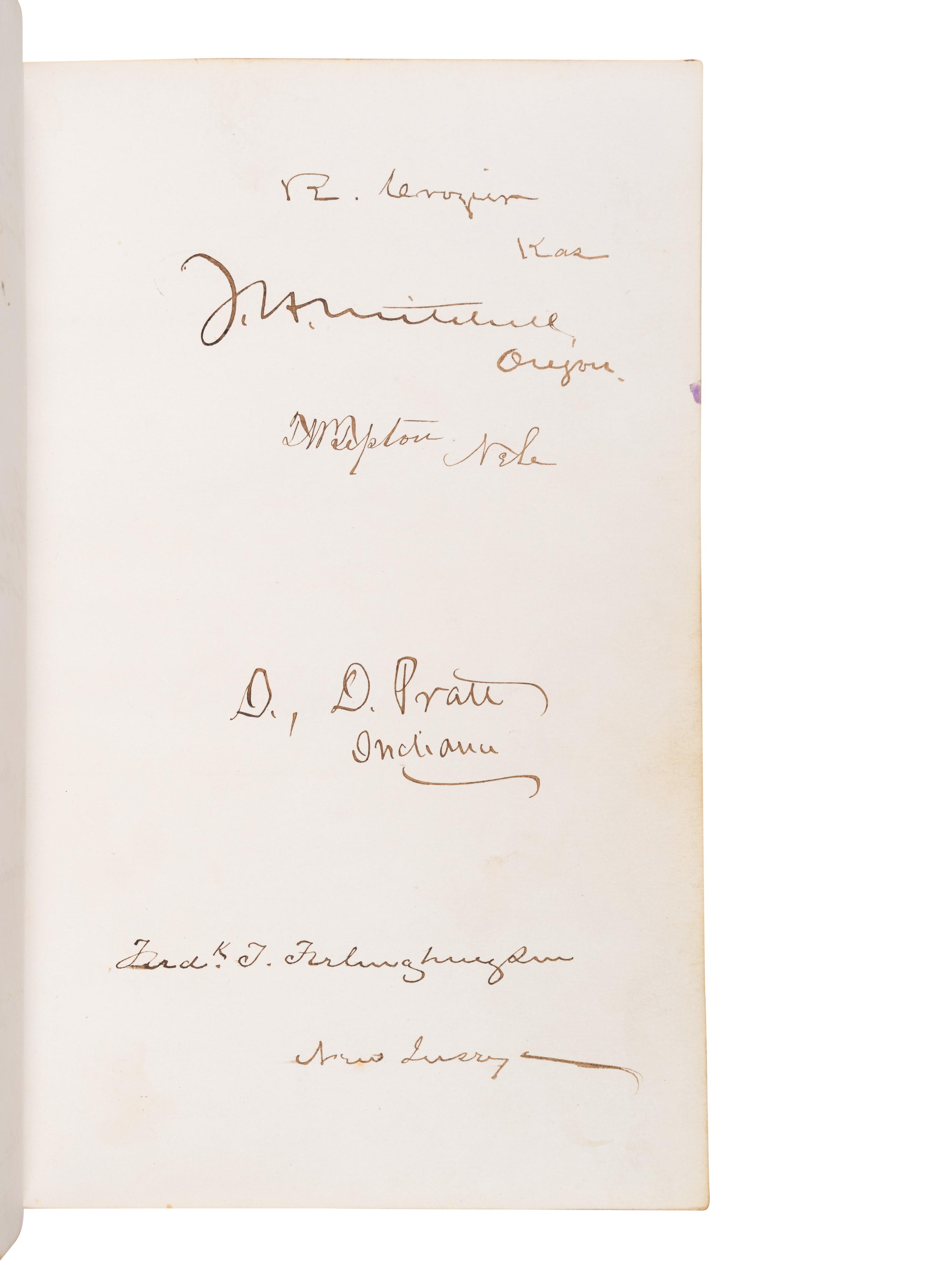 [GRANT, Ulysses S. (1822-1885), and others—AUTOGRAPH ALBUM]. An autograph album, c.1870s, assembling more than 350 signatures and inscriptions by President Ulysses S. Grant, members of his Cabinet (c.1873-74), Supreme Court Justices, Congressman, Senators, and various other prominent American political leaders and statesmen.