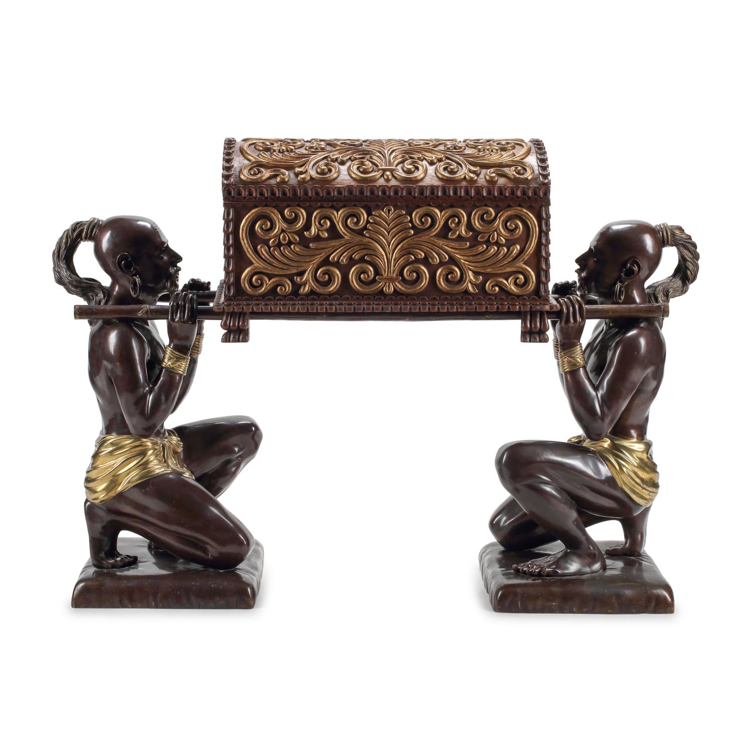A Pair of Parcel-Gilt Bronze Kneeling Chinoiserie Figures with a Carved Wood Chest