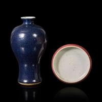 A Chinese copper-red glazed brush washer and a small Chinese blue-glazed meiping vase 釉裡紅水洗及藍釉梅瓶