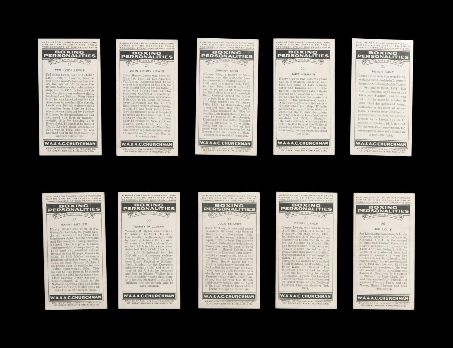 A Complete Set of 50 1938 Churchman Boxing Personalities Cards,