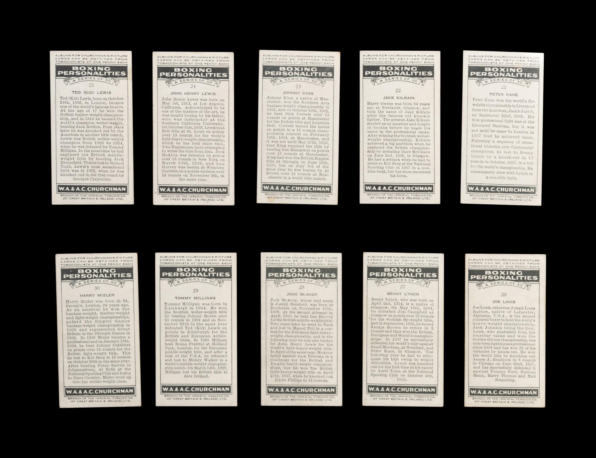 A Complete Set of 50 1938 Churchman Boxing Personalities Cards,