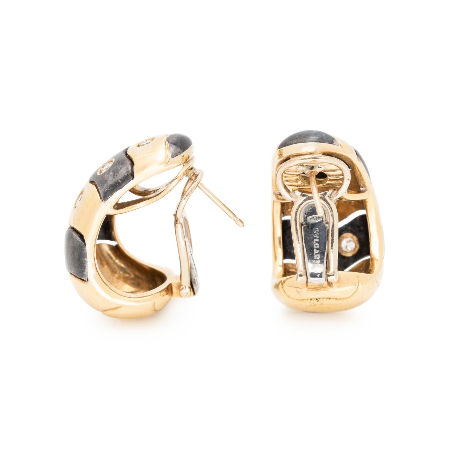 BULGARI, YELLOW GOLD, BLACKENED STEEL AND DIAMOND CLIP EARRINGS