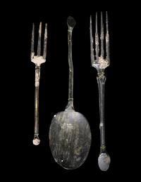 A Group of Roman Bronze Cutlery (Two Forks and One Spoon)