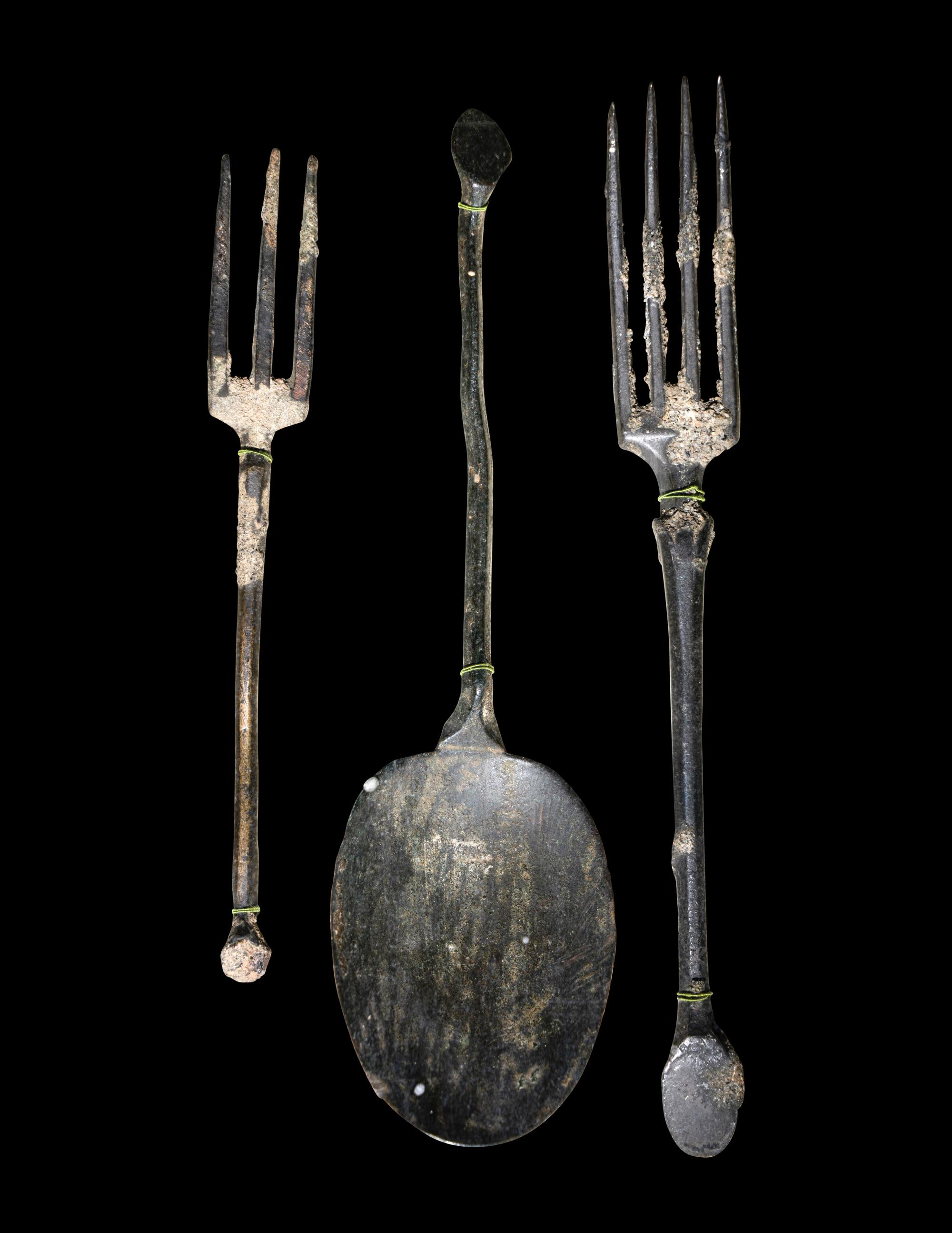 A Group of Roman Bronze Cutlery (Two Forks and One Spoon)