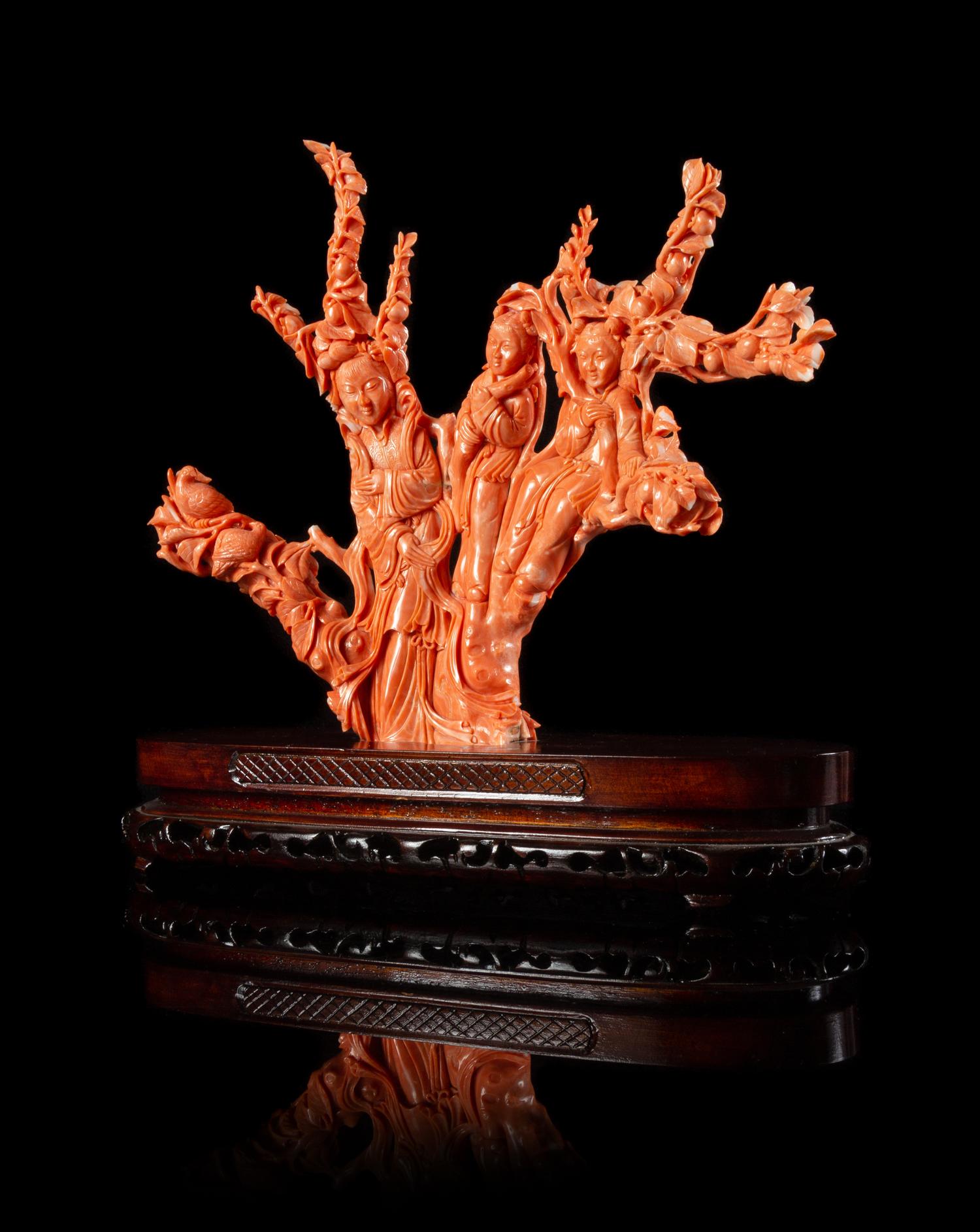 A Large Red Coral Figural Group of Female Immortals