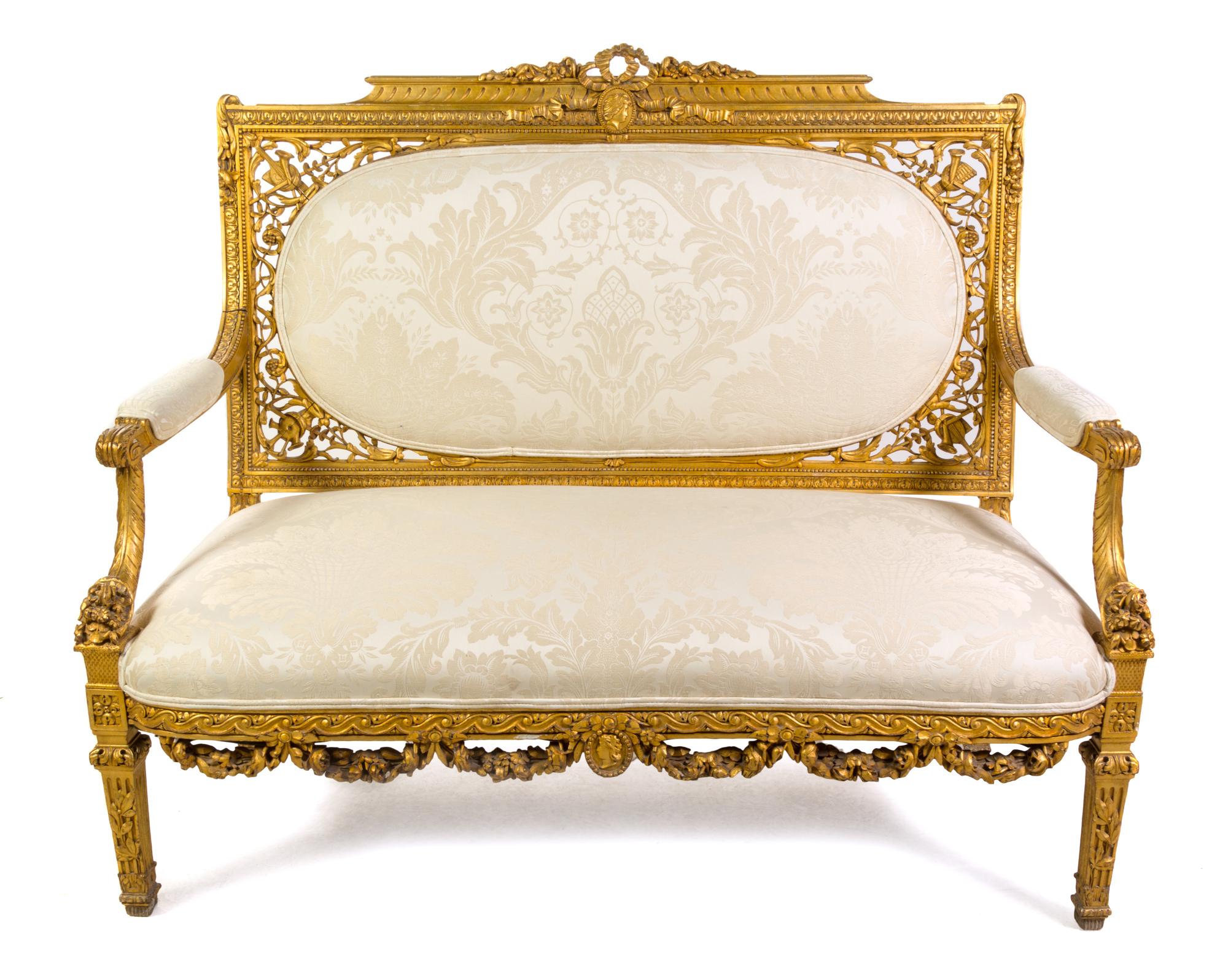 A Louis XVI Style Giltwood Settee Height 45 x width 55 x depth 24 1/2 inches. — LATE 19TH CENTURY