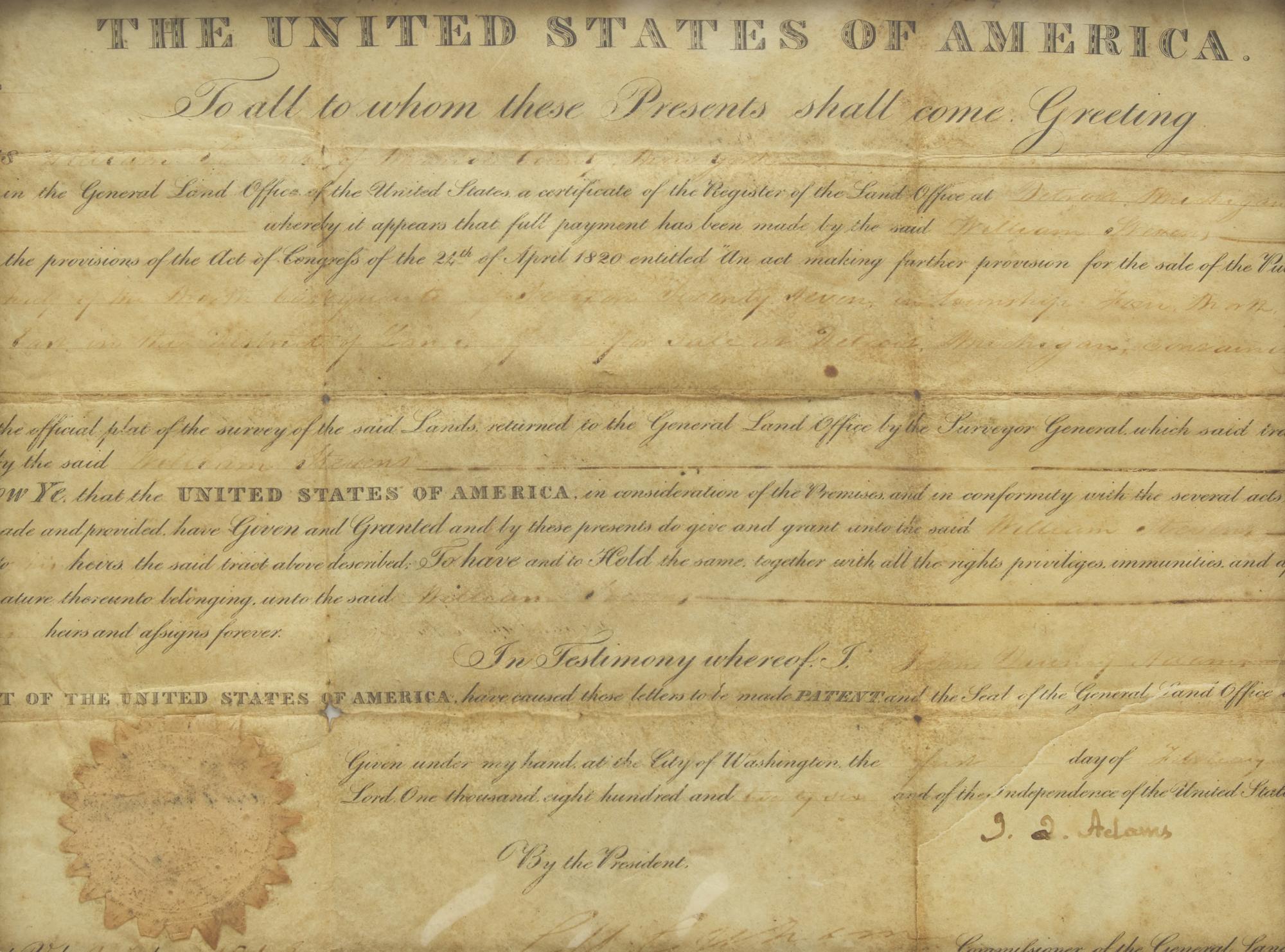 [Presidential] Adams, John Quincy. Partially-printed document, signed