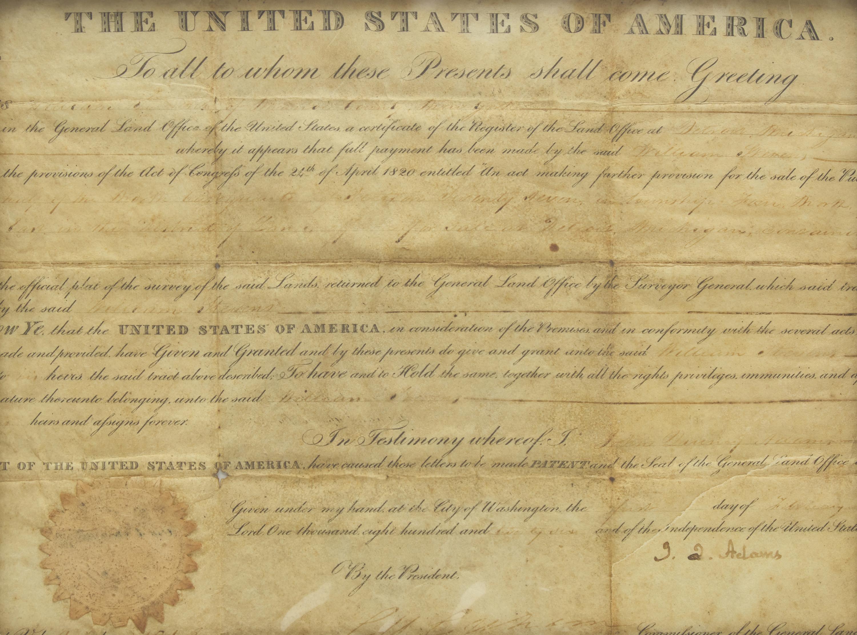 [Presidential] Adams, John Quincy. Partially-printed document, signed