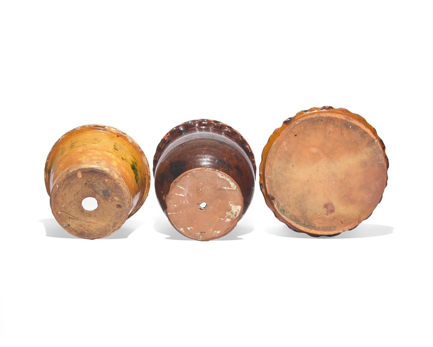 Two Glazed and Incised Redware Flower Pots and a Flower Pot Saucer, Willoughby Smith, Womelsdorf, Pennsylvania, and Others, Late 19th Century