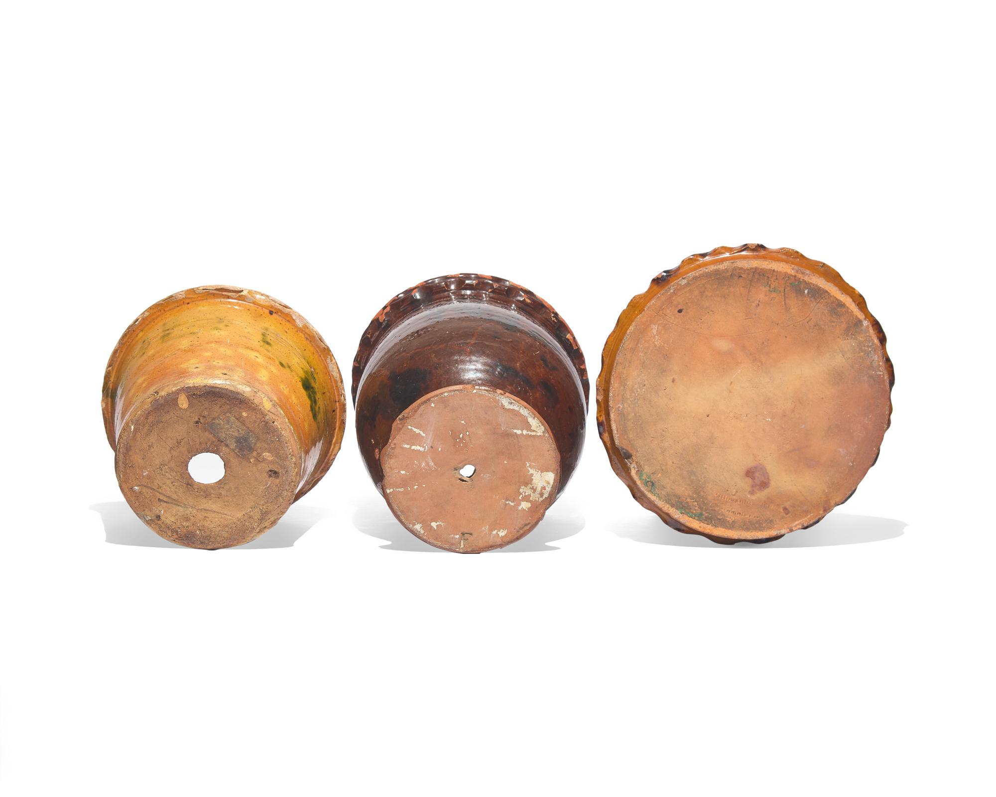 Two Glazed and Incised Redware Flower Pots and a Flower Pot Saucer, Willoughby Smith, Womelsdorf, Pennsylvania, and Others, Late 19th Century