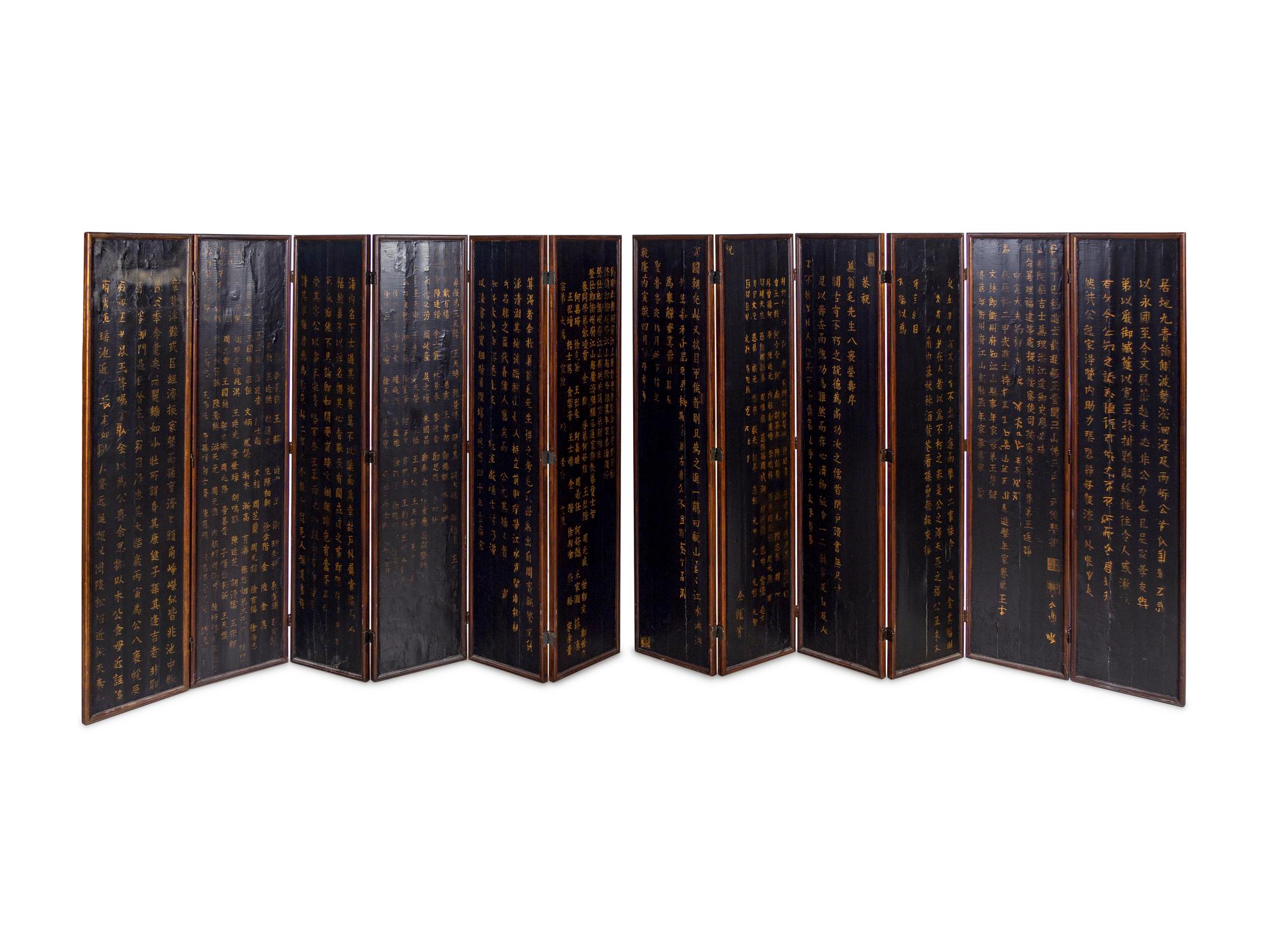 A Mother-of-Pearl Inlaid Black Lacquer Twelve-Panel Screen