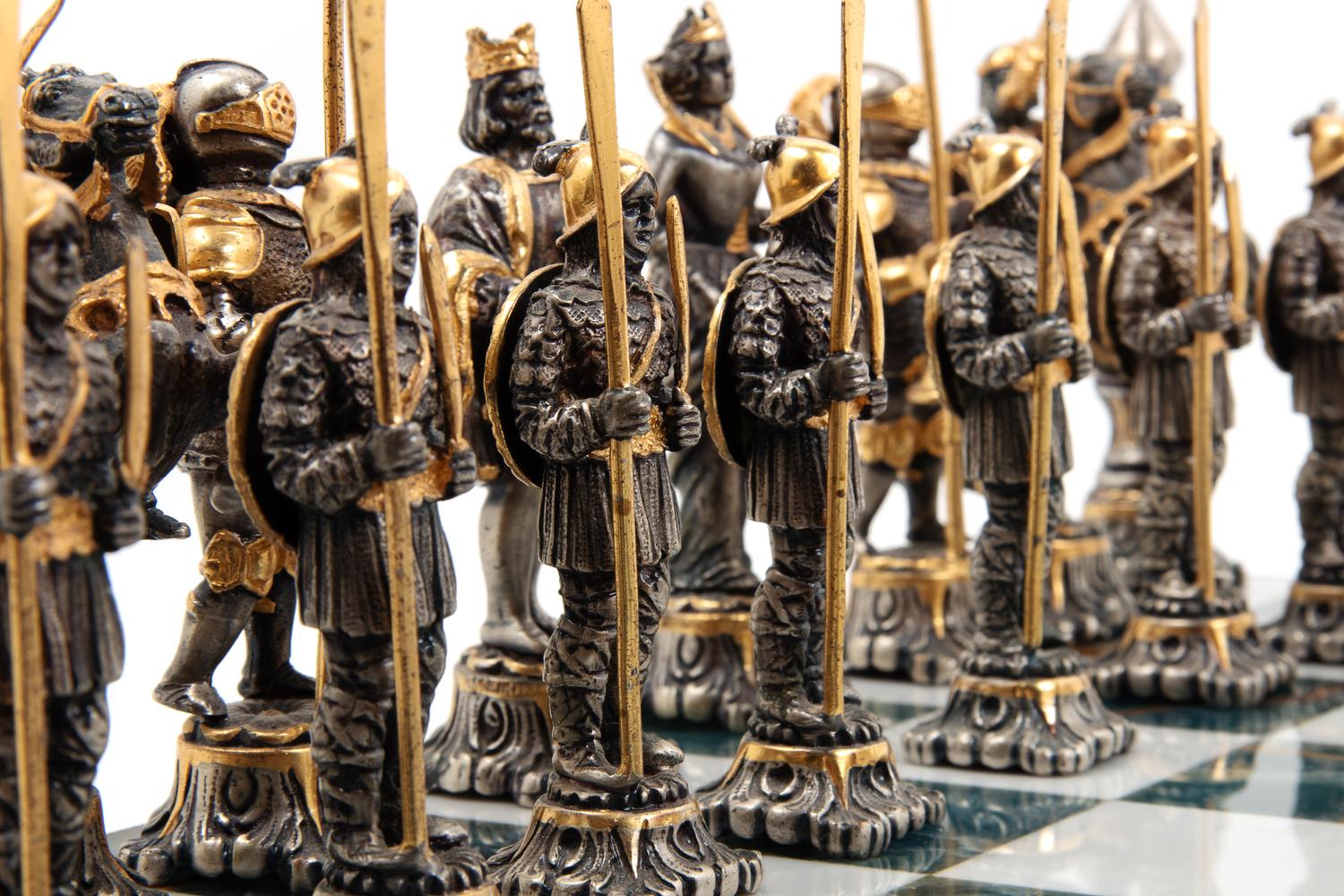 A Giuseppe Vasari Gilt and Silvered Bronze Medieval Chess Set