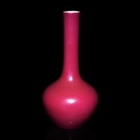 A Small Chinese Ruby Red Glazed Bottle Vase, Qianlong Mark 乾隆款 紅釉直頸瓶