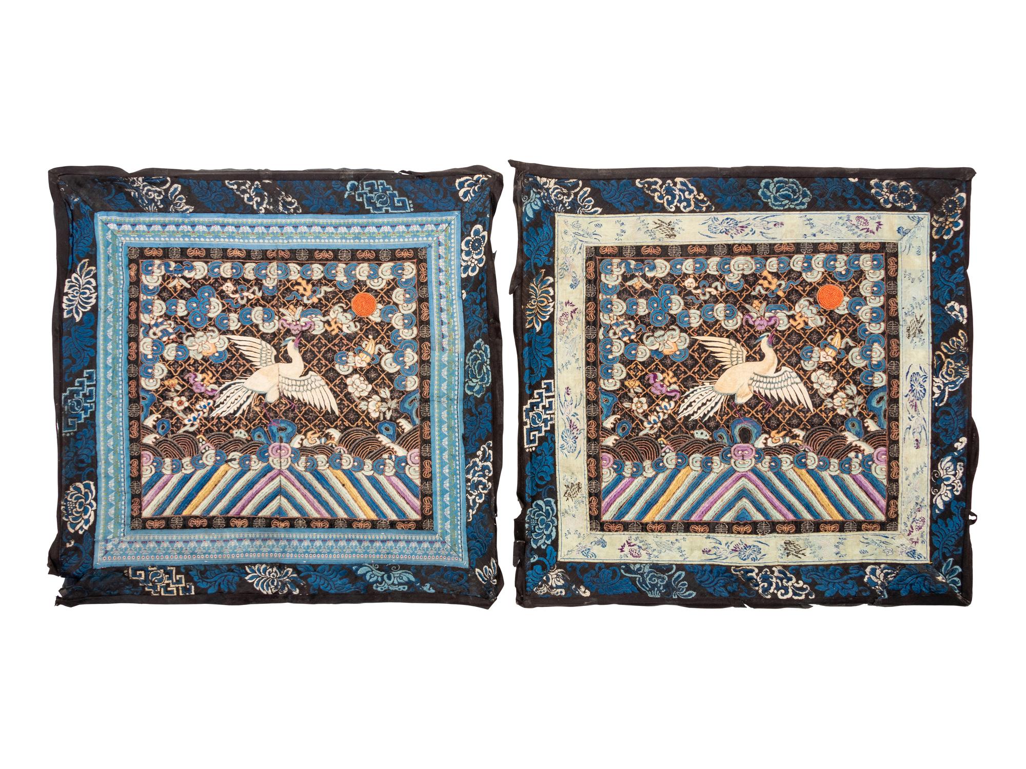 A Pair of Chinese Embroidered Silk Rank Badges, Buzi