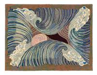 A Framed Hooked Rug Depicting Waves