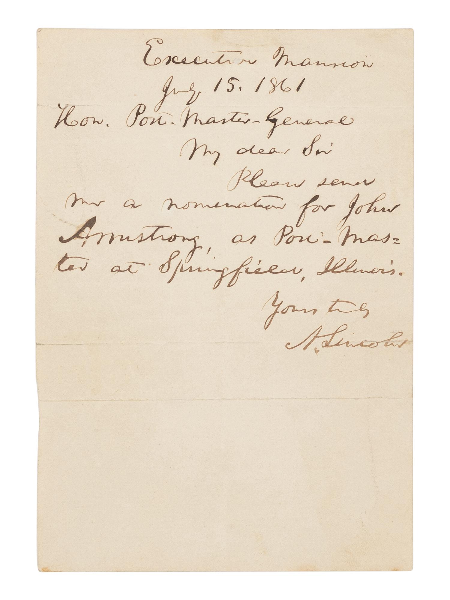 LINCOLN, Abraham (1809-1865). Autograph letter signed ("A. Lincoln") as President to Postmaster General Montgomery Blair. Executive Mansion, Washington, D.C., 15 July 1861.