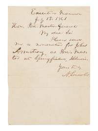 LINCOLN, Abraham (1809-1865). Autograph letter signed ("A. Lincoln") as President to Postmaster General Montgomery Blair. Executive Mansion, Washington, D.C., 15 July 1861.
