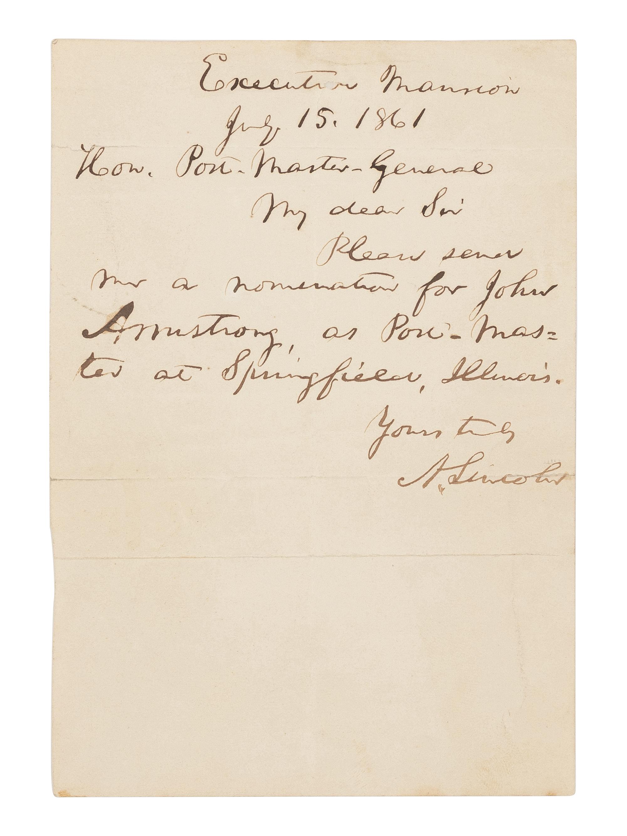 LINCOLN, Abraham (1809-1865). Autograph letter signed ("A. Lincoln") as President to Postmaster General Montgomery Blair. Executive Mansion, Washington, D.C., 15 July 1861.