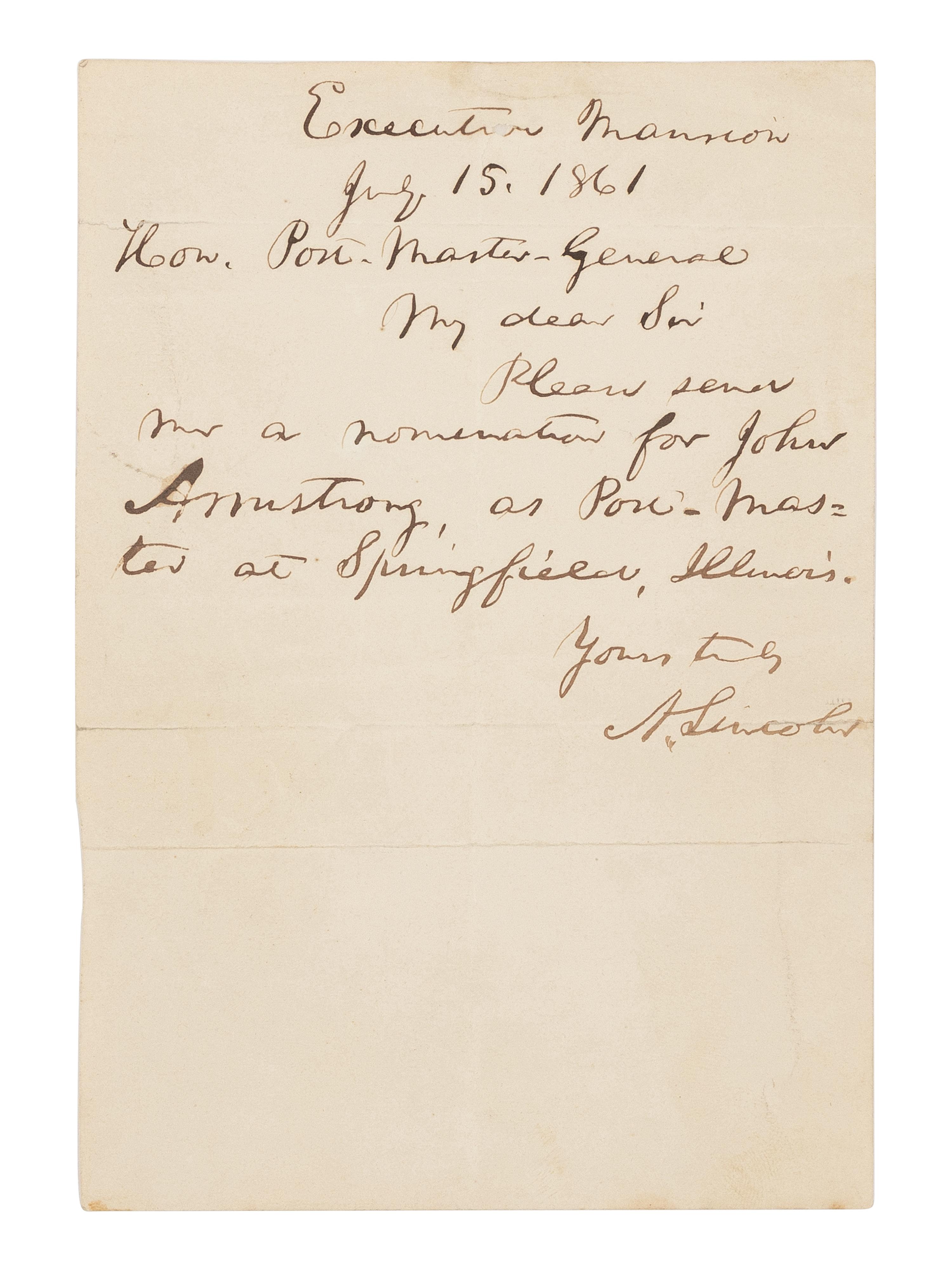 LINCOLN, Abraham (1809-1865). Autograph letter signed ("A. Lincoln") as President to Postmaster General Montgomery Blair. Executive Mansion, Washington, D.C., 15 July 1861.