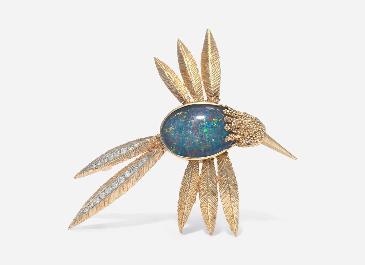 A 14K Yellow Gold, Black Opal, and Diamond Brooch