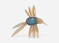 A 14K Yellow Gold, Black Opal, and Diamond Brooch