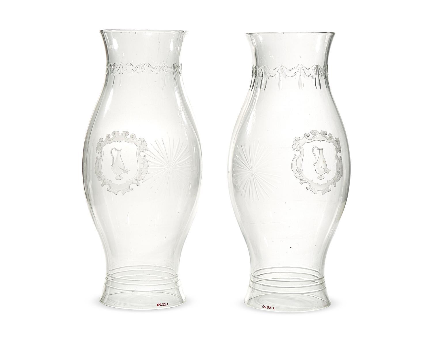 A Pair Of Large Neoclassical Blown And Engraved Colorless Glass Hurricane Globes