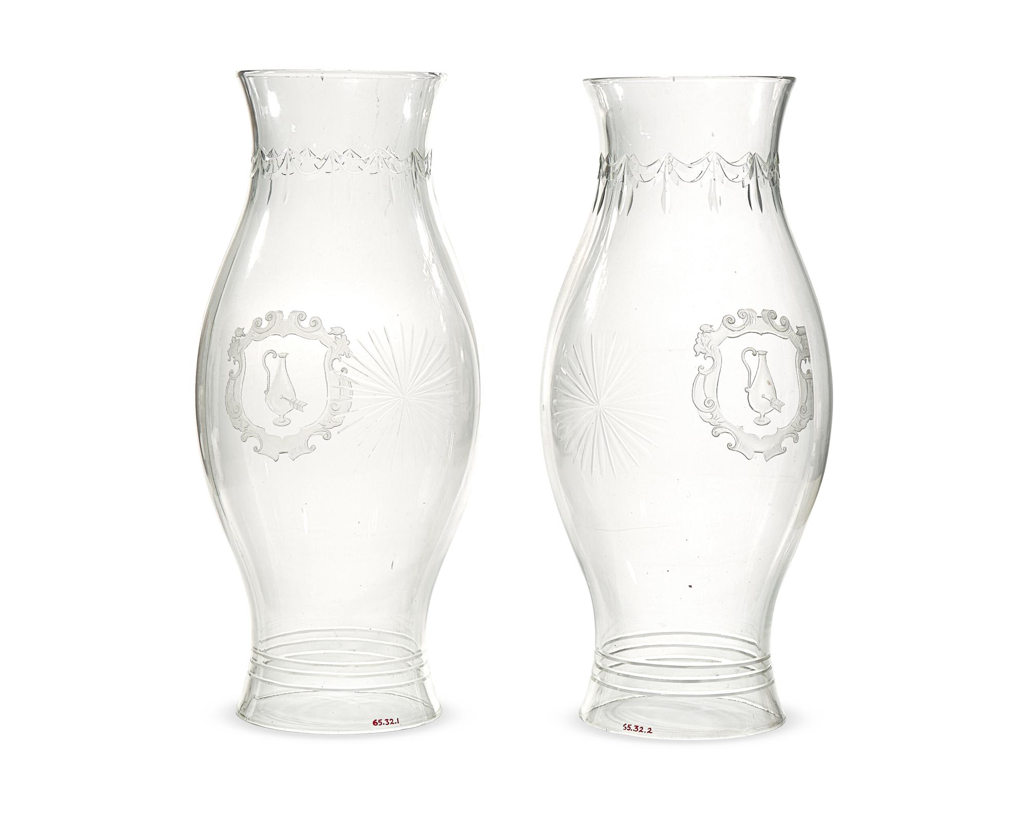 A Pair Of Large Neoclassical Blown And Engraved Colorless Glass Hurricane Globes