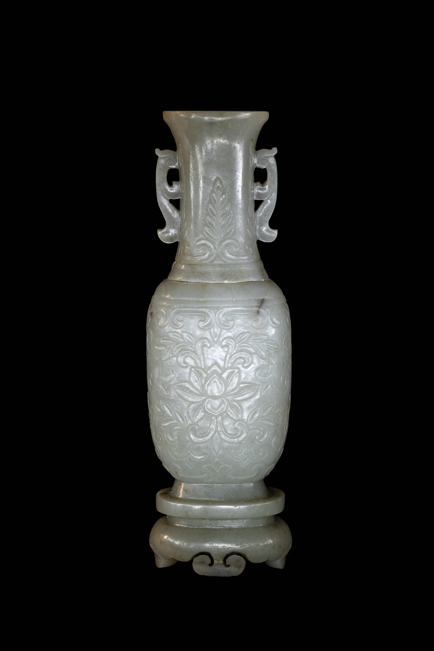 A Small Pale Carved Pale Celadon Jade Vase and Stand