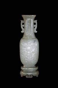 A Small Pale Carved Pale Celadon Jade Vase and Stand