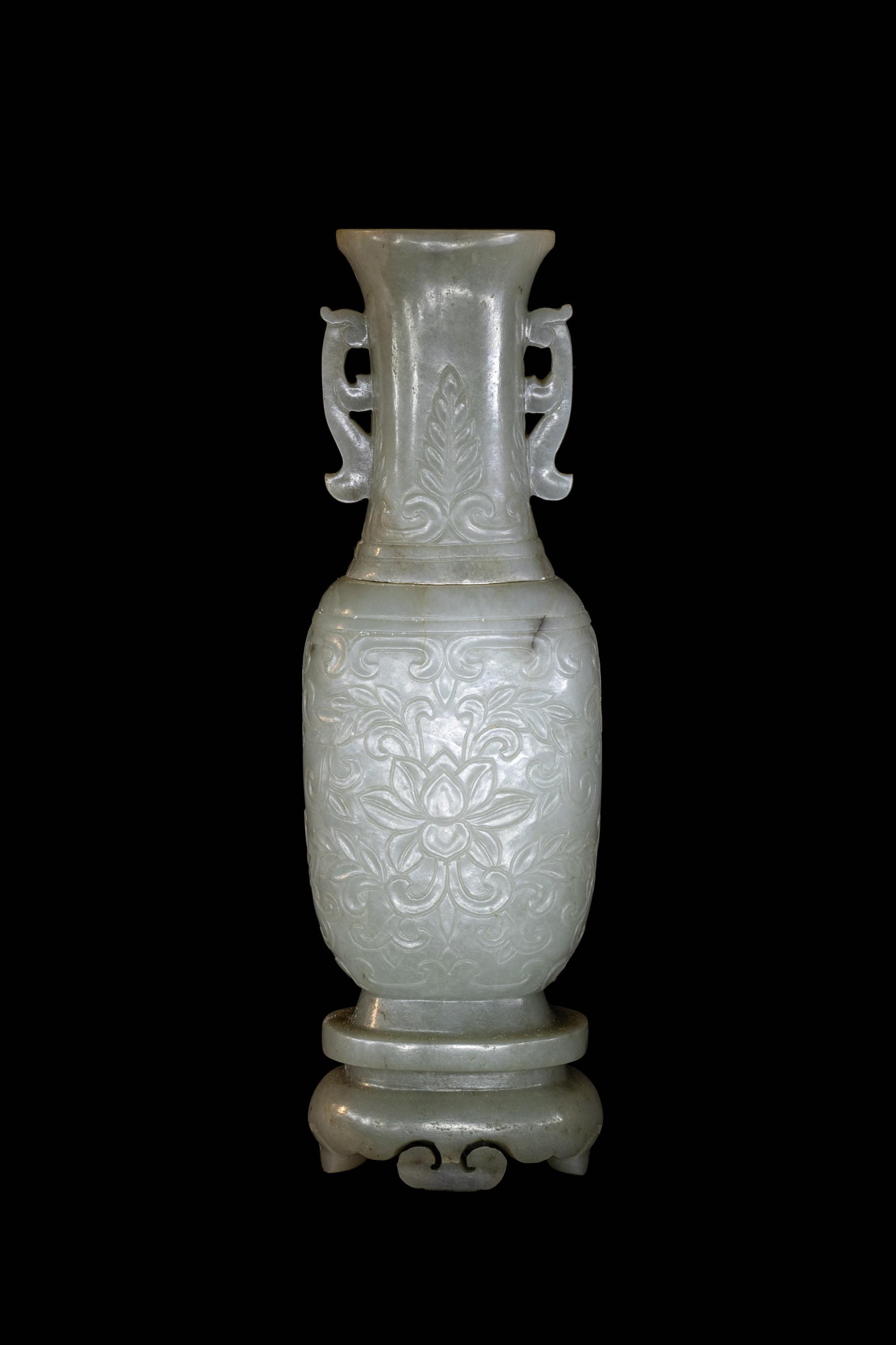 A Small Pale Carved Pale Celadon Jade Vase and Stand