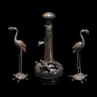 A Bronze Vase and A Pair of Crane-Form Candle Holders