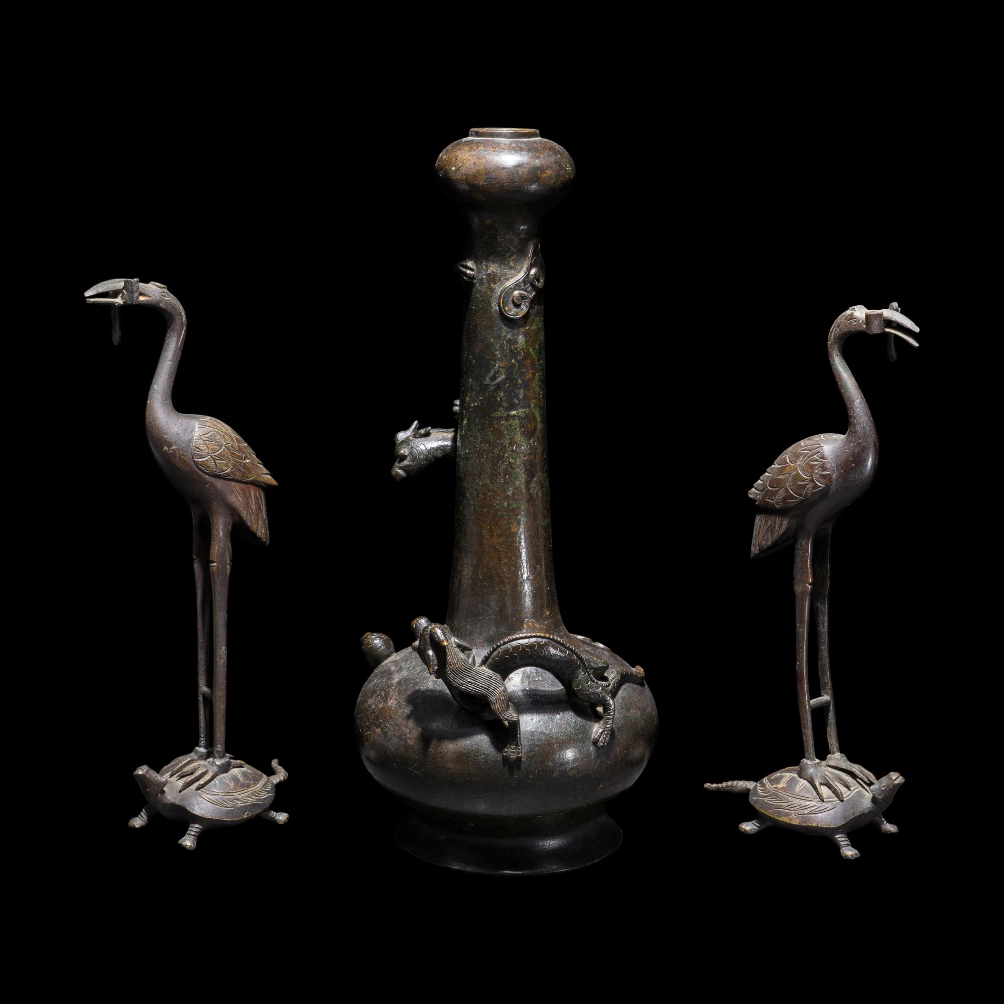 A Bronze Vase and A Pair of Crane-Form Candle Holders