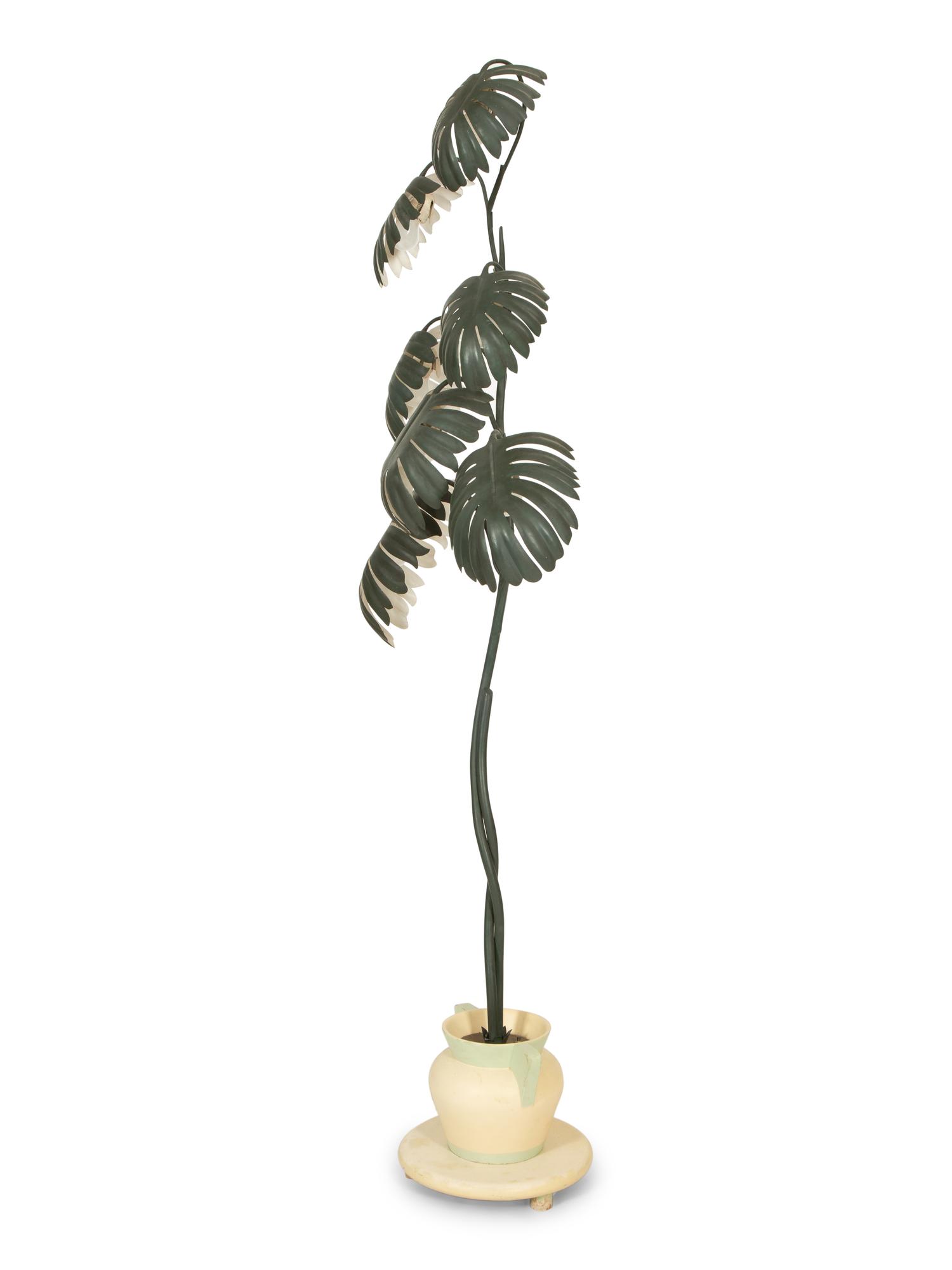 A Green-Painted Metal Lamp Modeled as a Tropical Plant