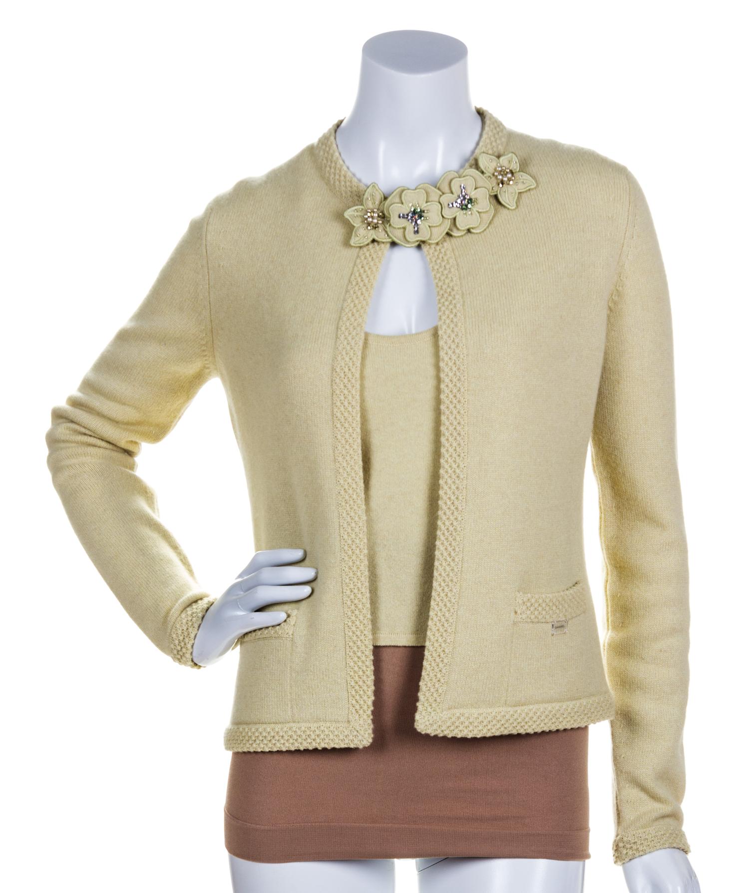 A Chanel Celery Cashmere Twin Set, Size 38.